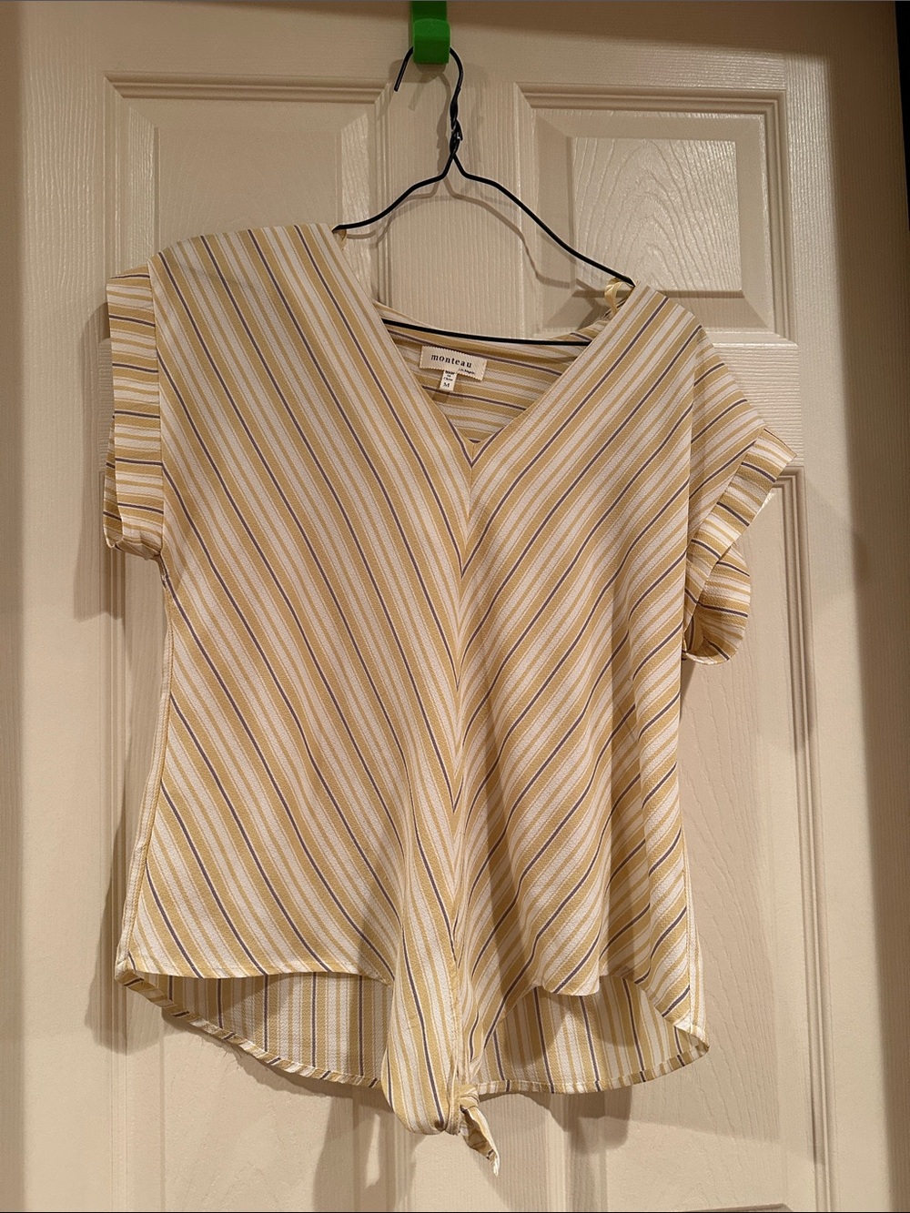 Monteau Yellow and White Striped V-Neck Tie-Front Blouse